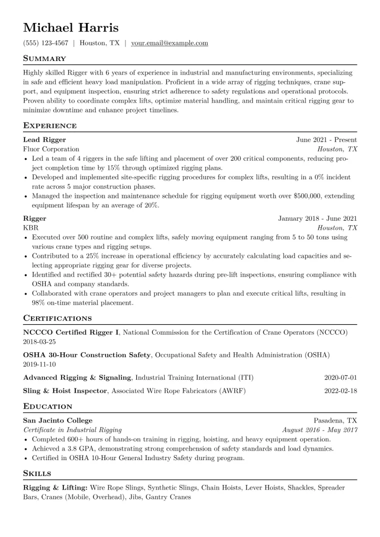 Rigger Resume Example CV template preview