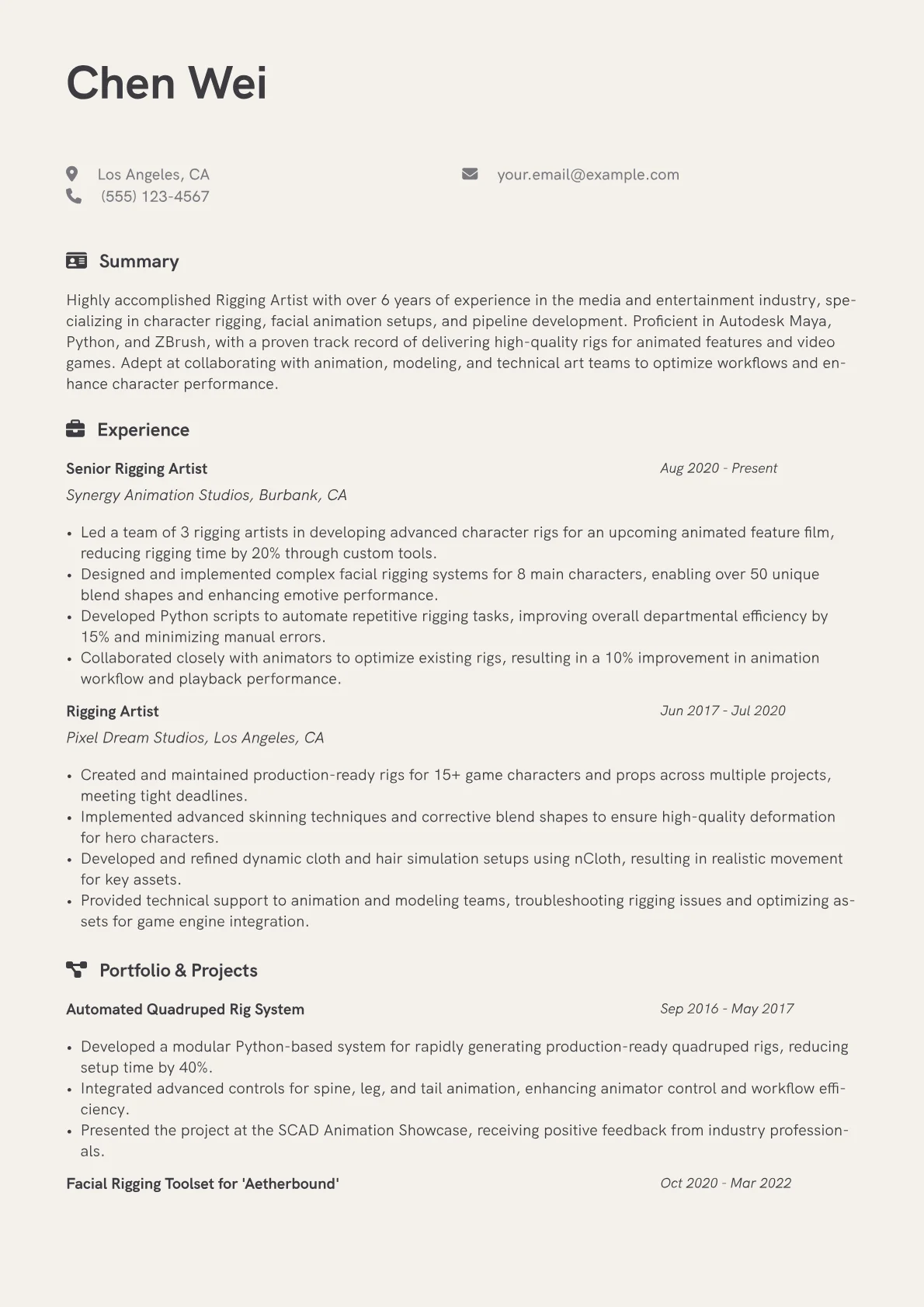 Rigging Artist Resume Example CV template - Page 1