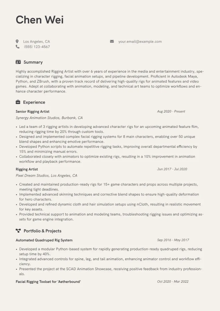 Rigging Artist Resume Example CV template preview