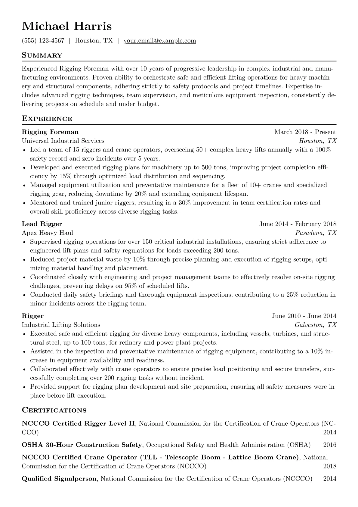Rigging Foreman Resume Example CV template - Page 1