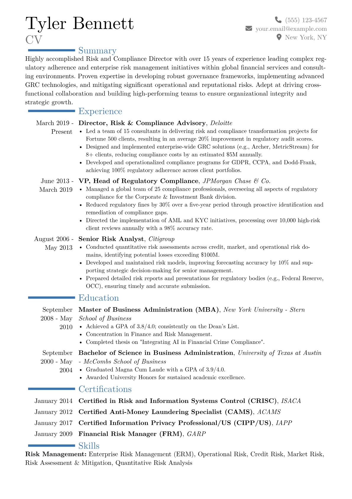 Risk and Compliance Director Resume Example CV template - Page 1