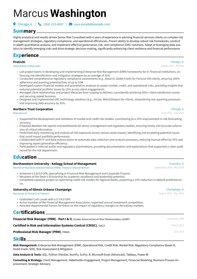 Risk Consultant Resume Example CV template preview