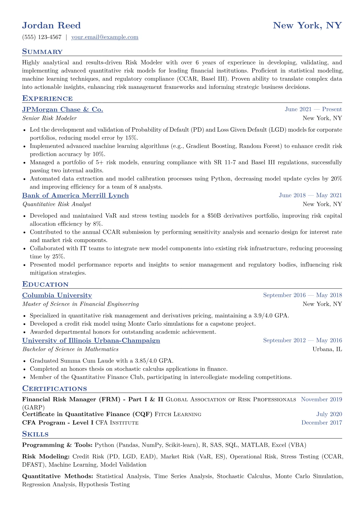 Risk Modeler Resume Example CV template - Page 1