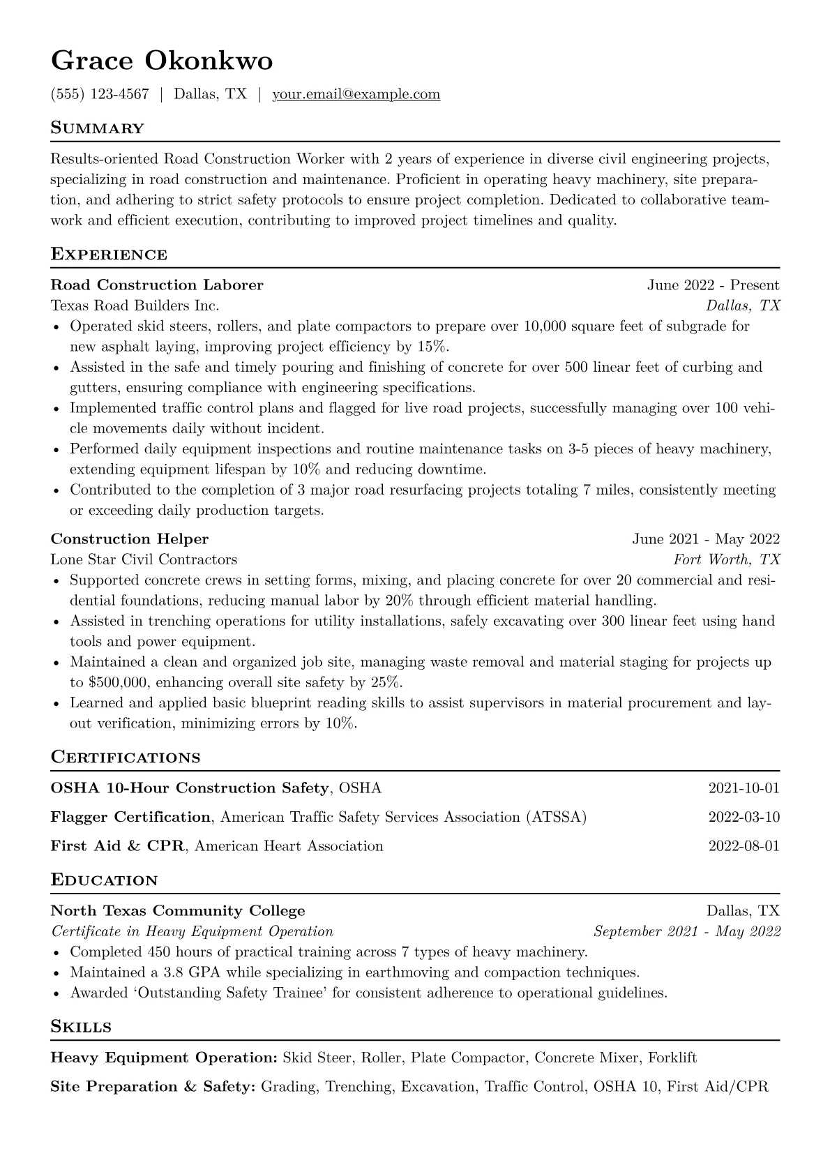 Road Construction Worker Resume Example CV template - Page 1