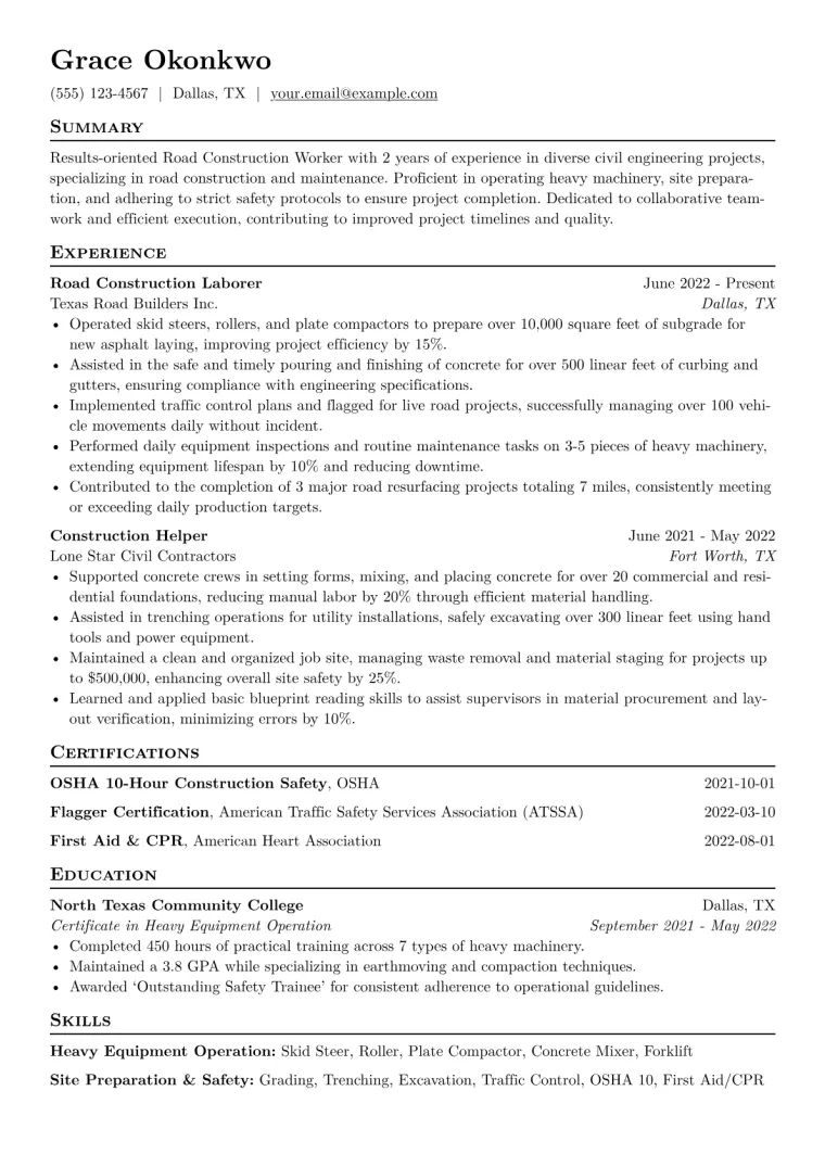 Road Construction Worker Resume Example CV template preview