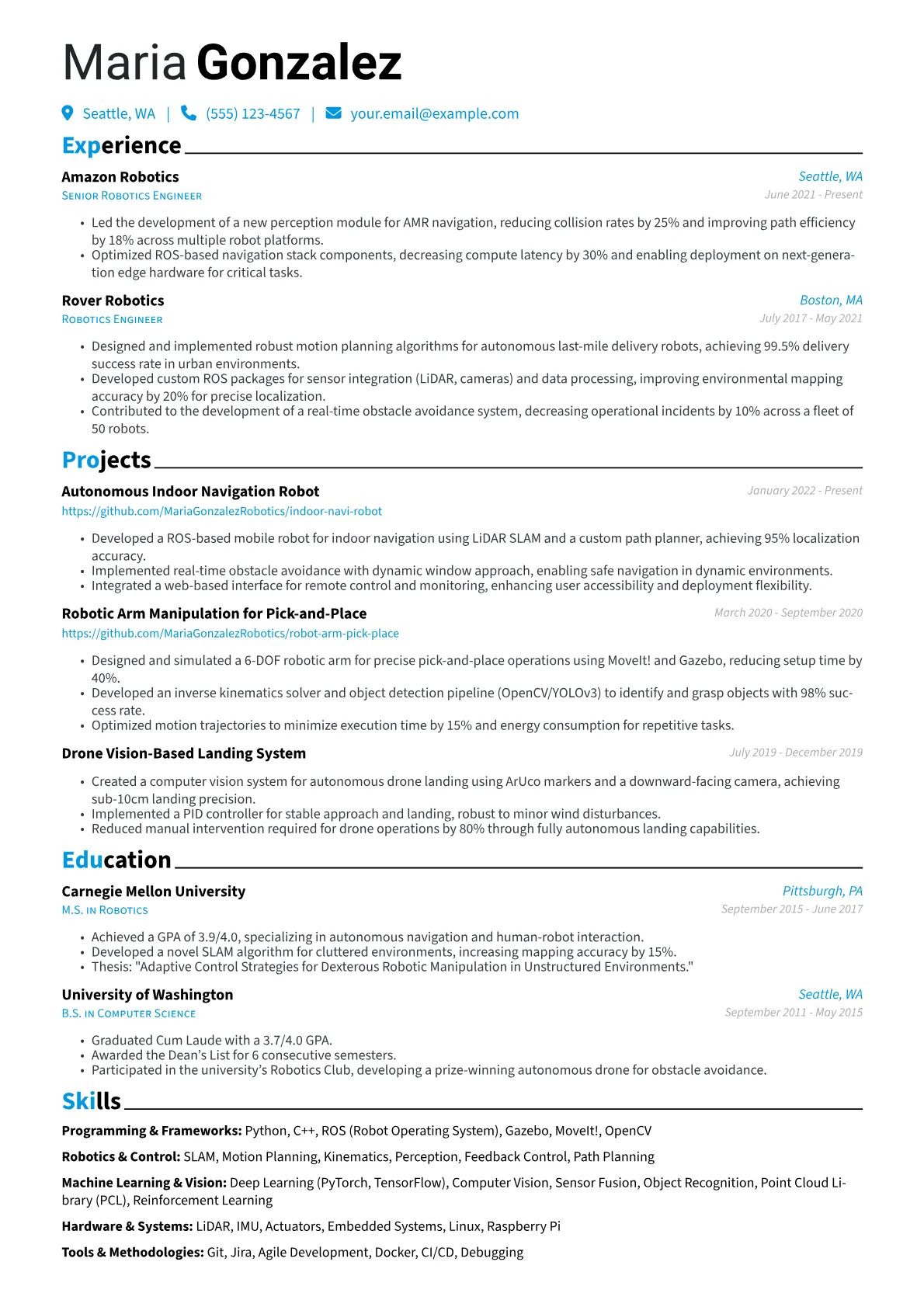 Robotics Engineer Resume Example CV template - Page 1