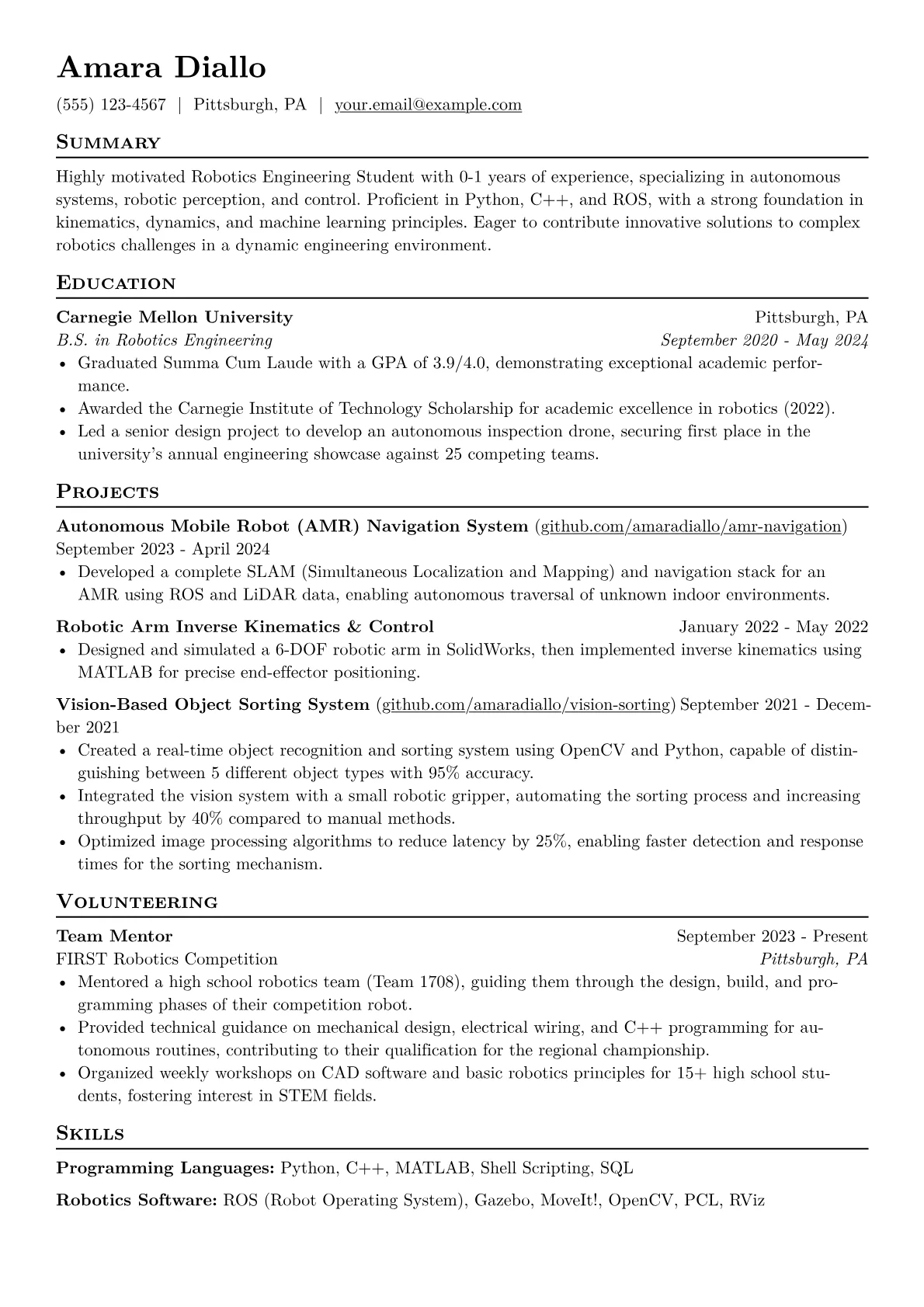 Robotics Engineering Student Resume Example CV template - Page 1
