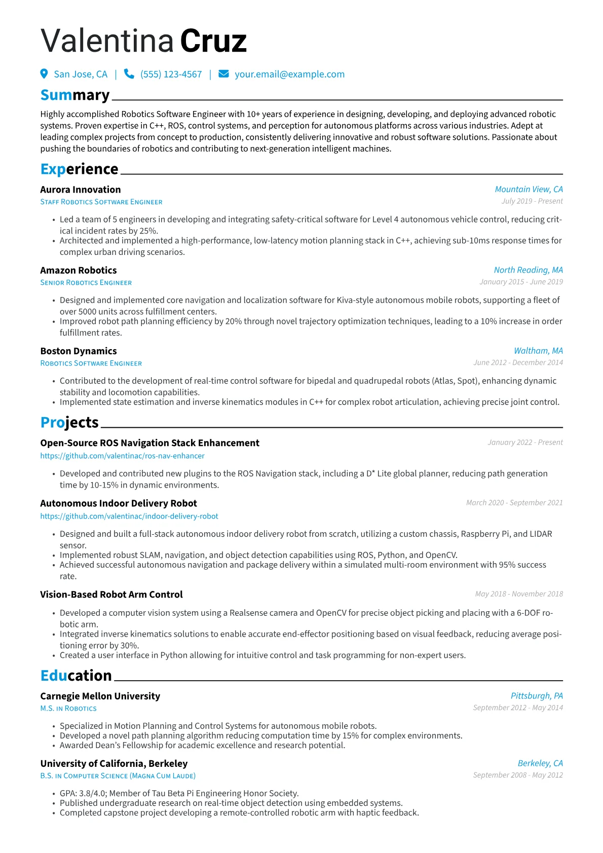 Robotics Software Engineer Resume Example CV template - Page 1