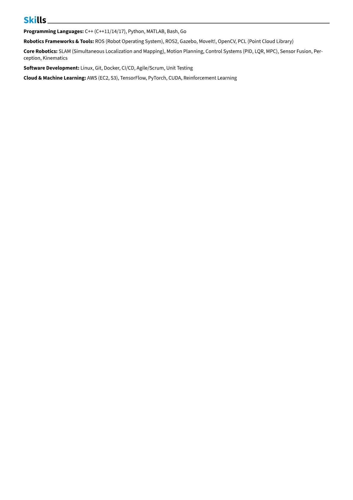 Robotics Software Engineer Resume Example CV template - Page 2