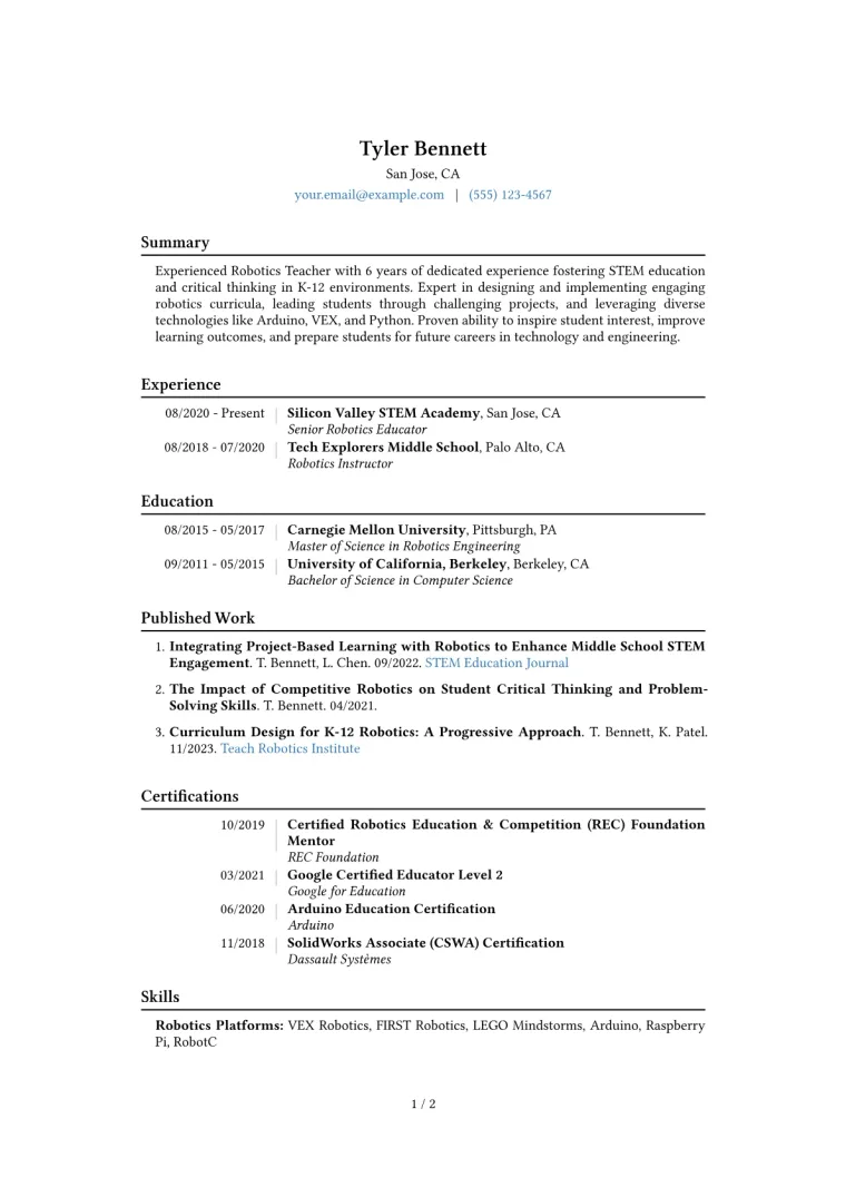 Robotics Teacher Resume Example CV template preview