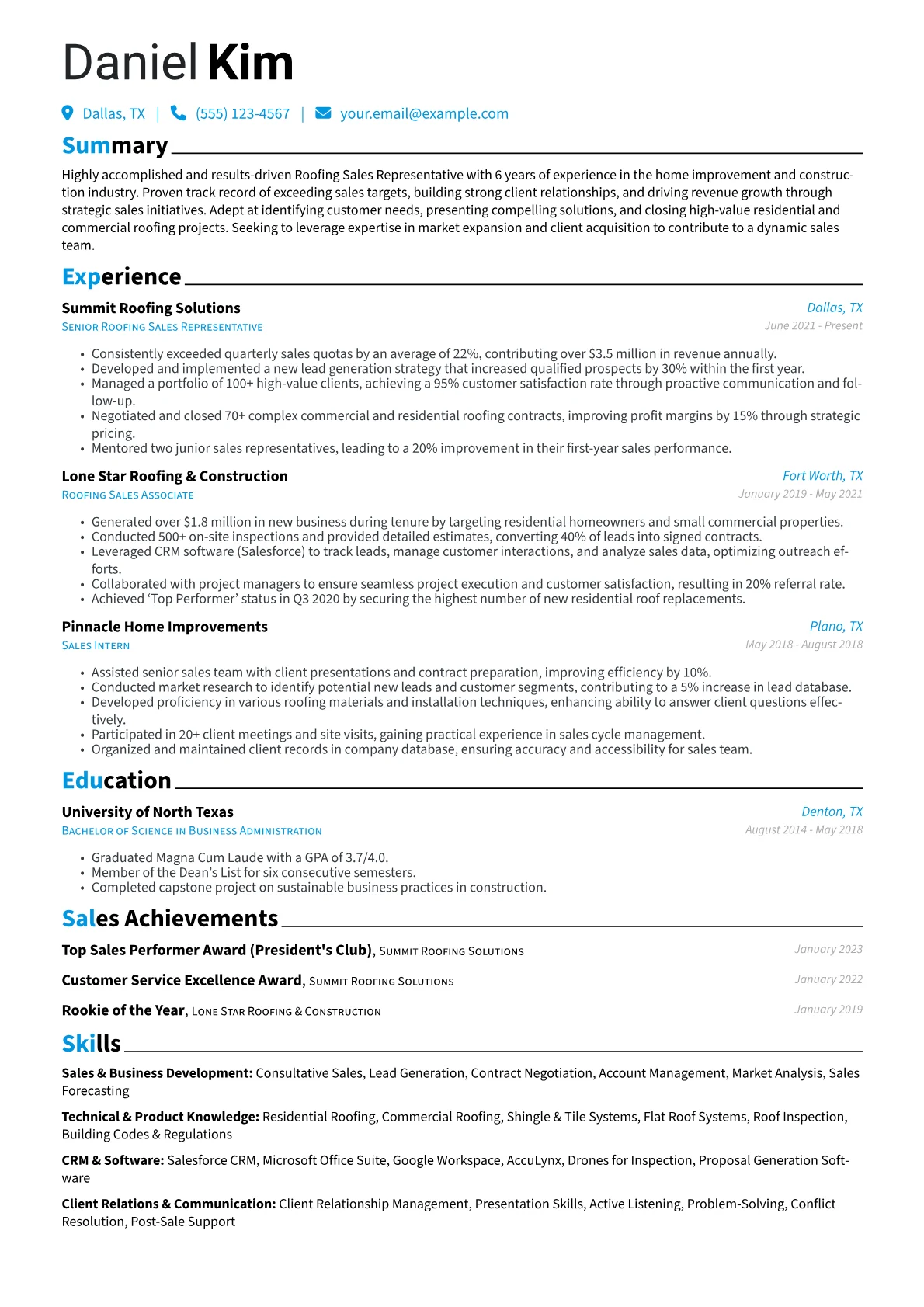 Roofing Sales Representative Resume Example CV template - Page 1