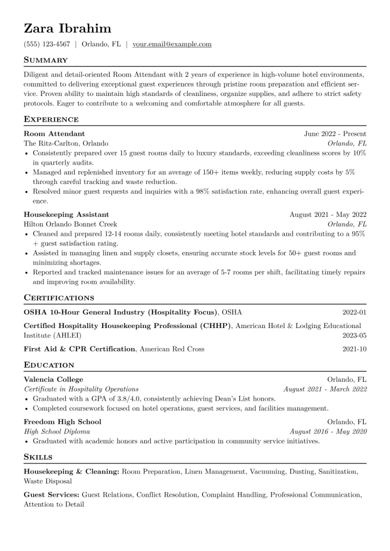 Room Attendant Resume Example CV template preview