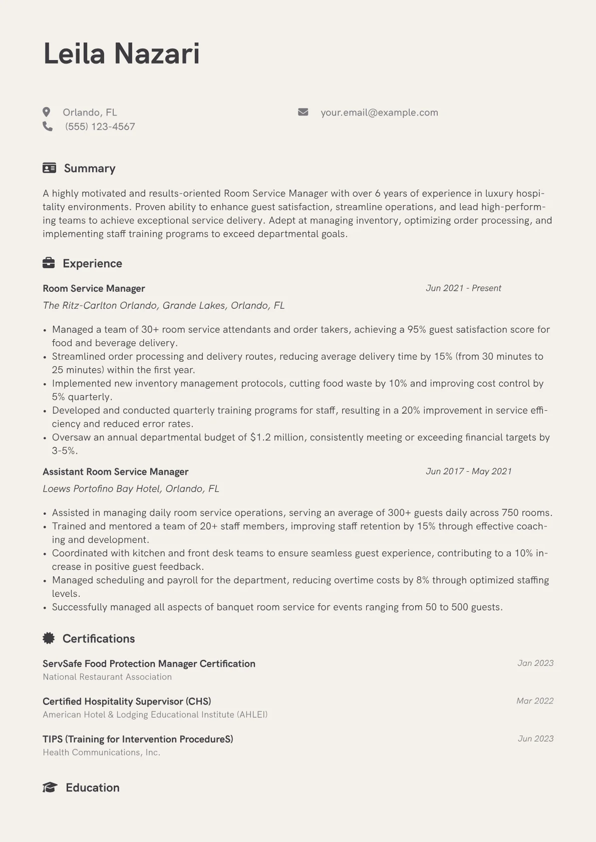 Room Service Manager Resume Example CV template - Page 1