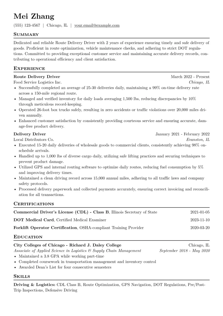 Route Delivery Driver Resume Example CV template preview