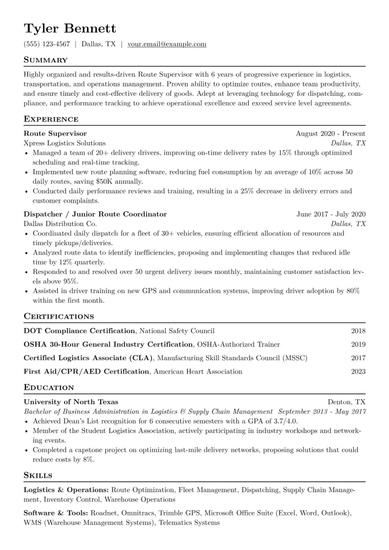 Route Supervisor Resume Example CV template preview