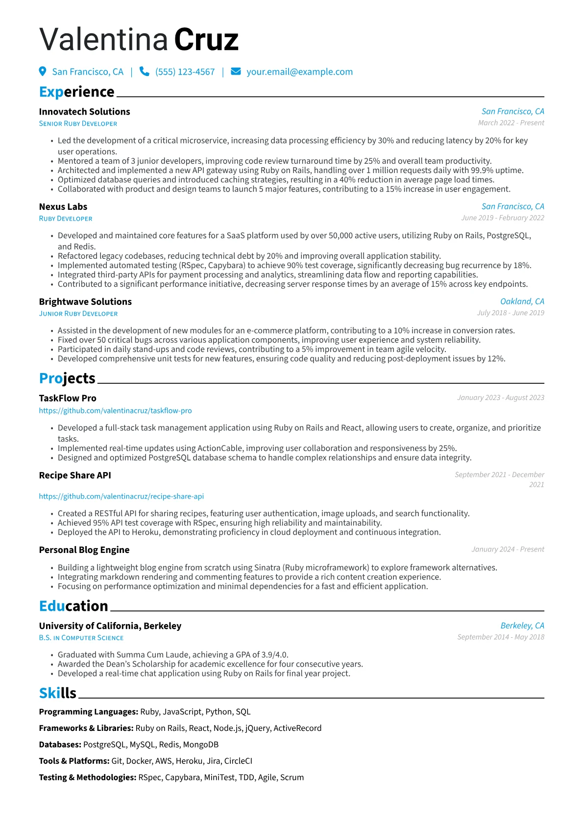 Ruby Developer Resume Example CV template - Page 1