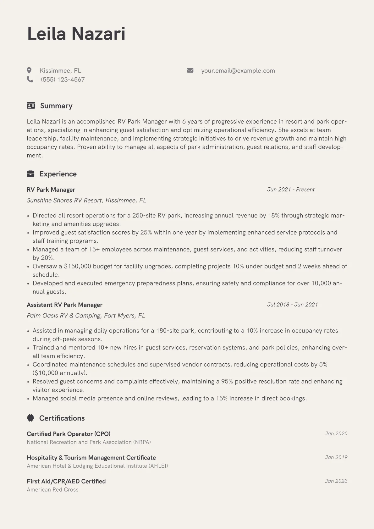 RV Park Manager Resume Example CV template - Page 1