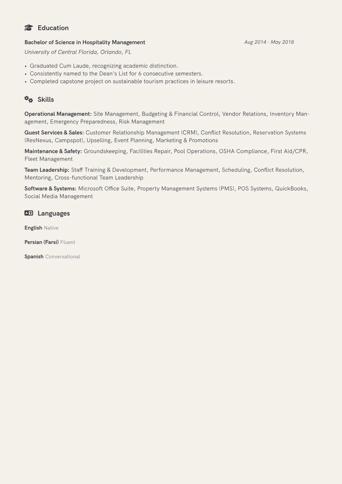 RV Park Manager Resume Example CV template - Page 2
