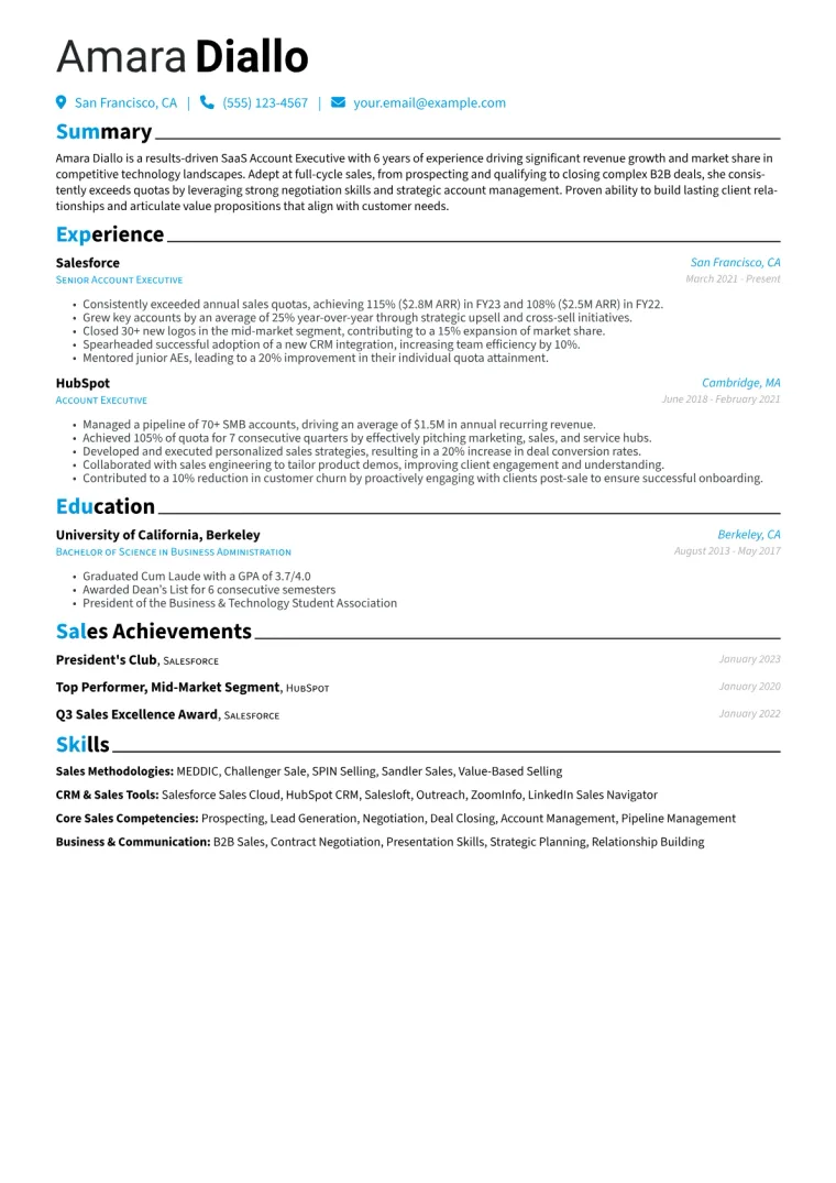 SaaS Account Executive Resume Example CV template preview