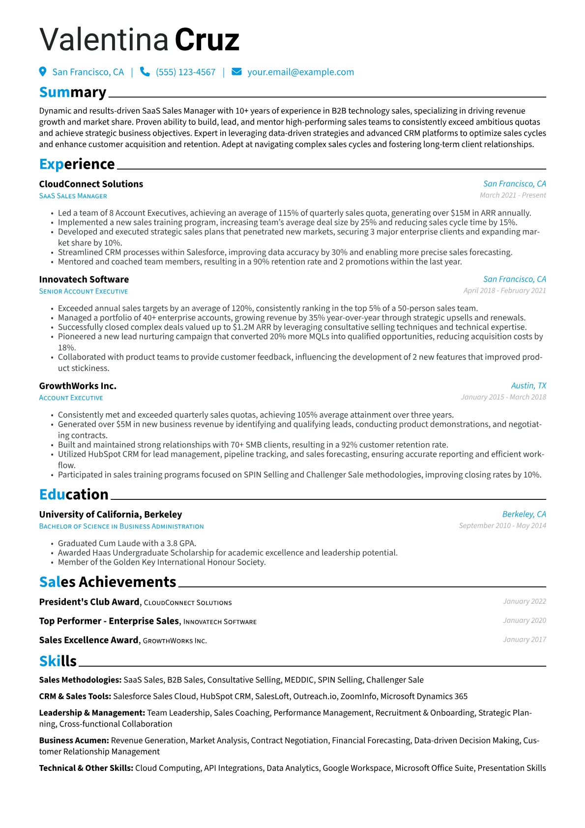 SaaS Sales Manager Resume Example CV template - Page 1