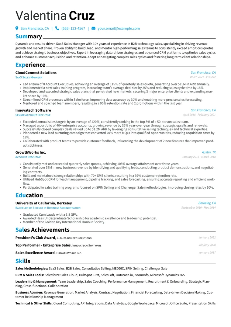 SaaS Sales Manager Resume Example CV template preview