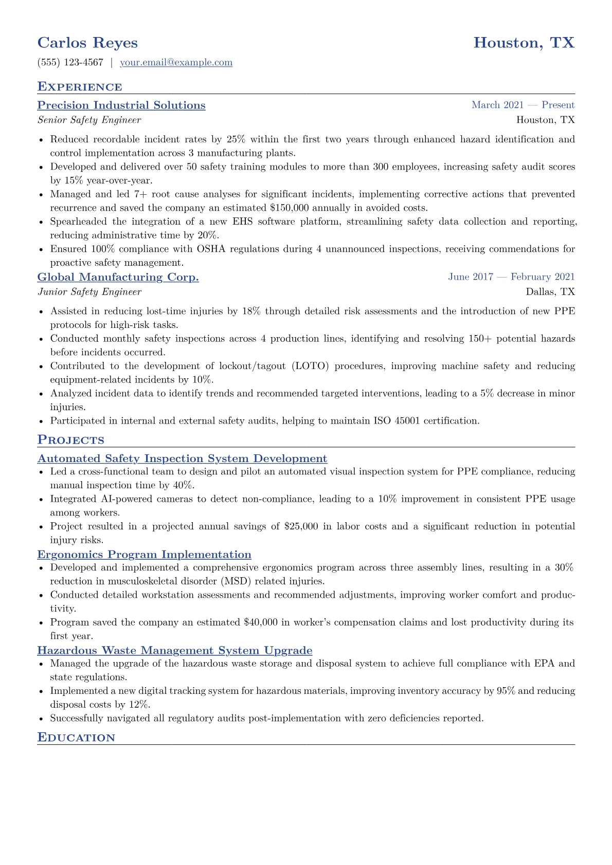 Safety Engineer Resume Example CV template - Page 1