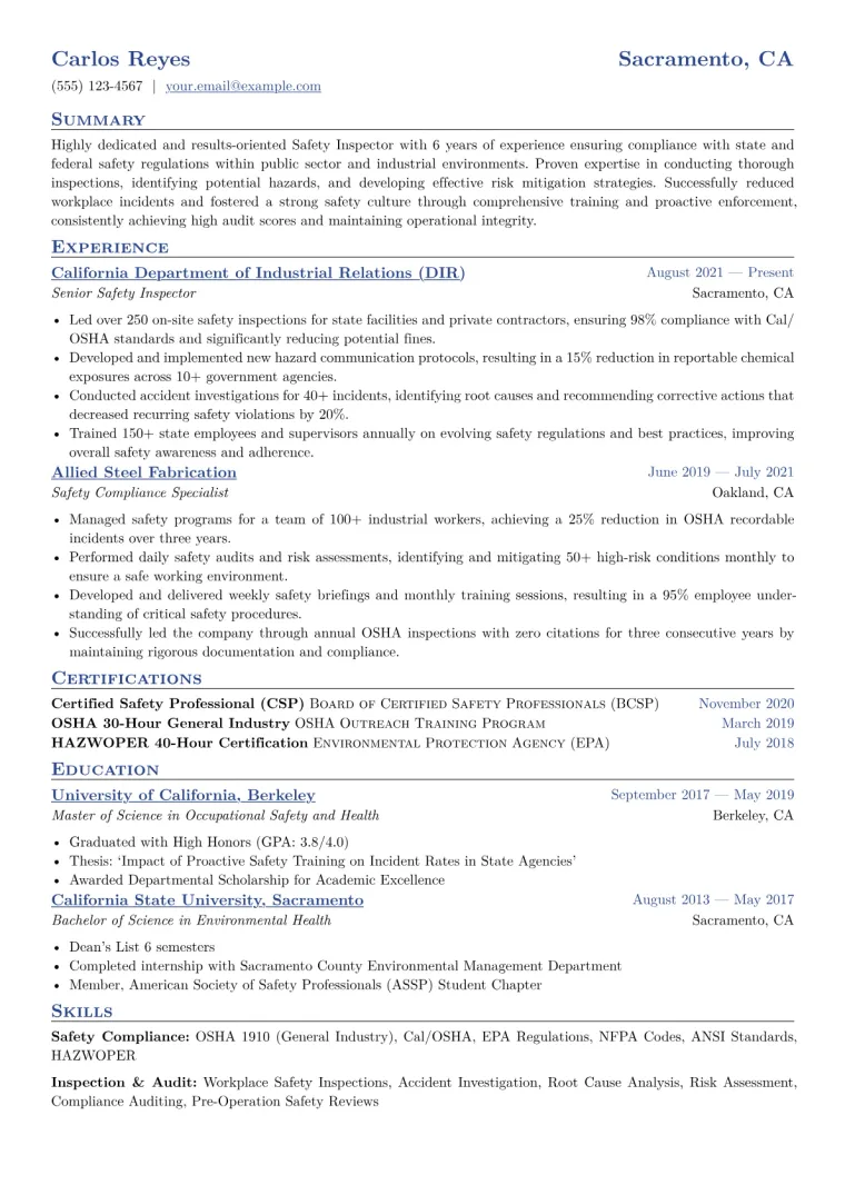 Safety Inspector Resume Example CV template preview