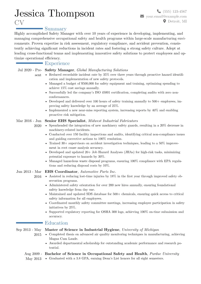 Safety Manager Resume Example CV template preview