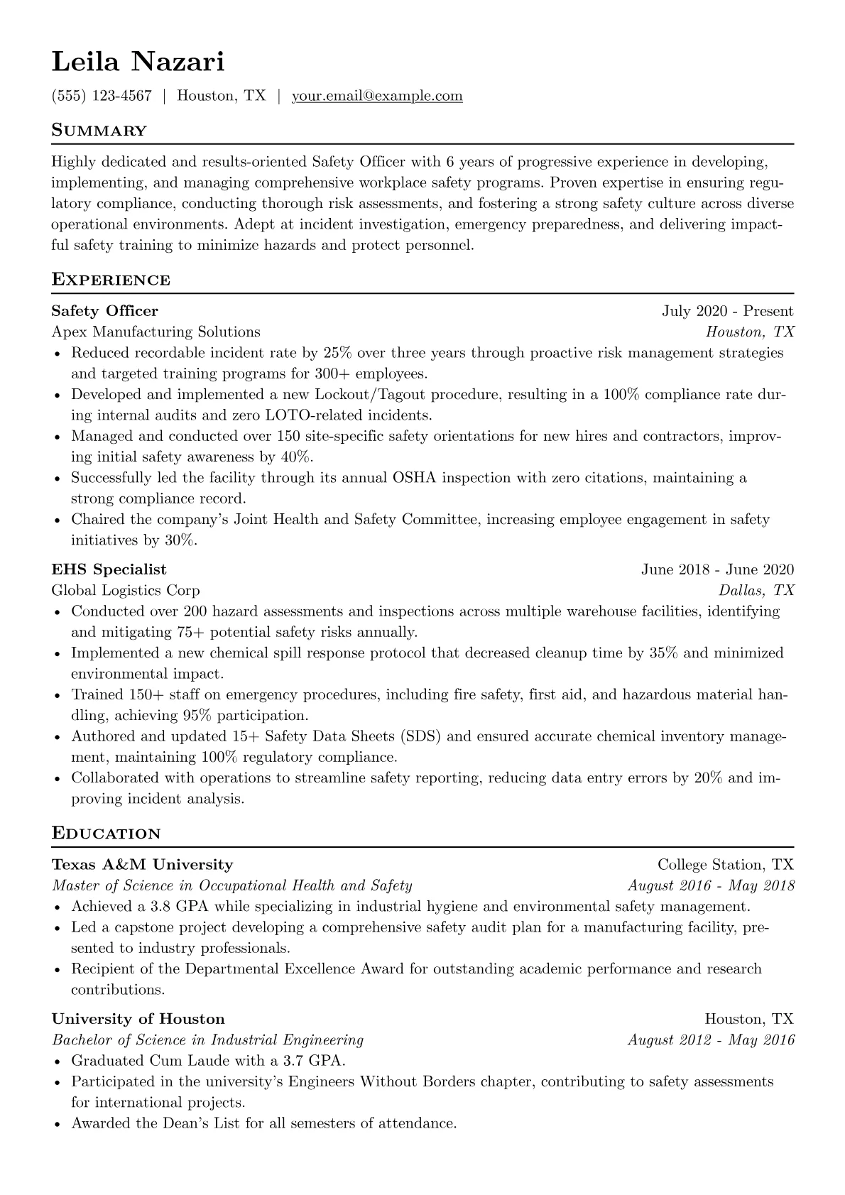 Safety Officer Resume Example CV template - Page 1