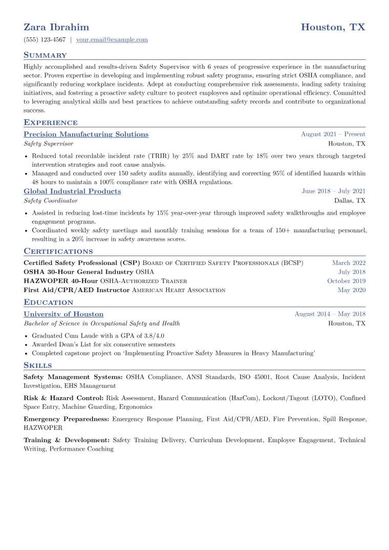 Safety Supervisor Resume Example CV template preview