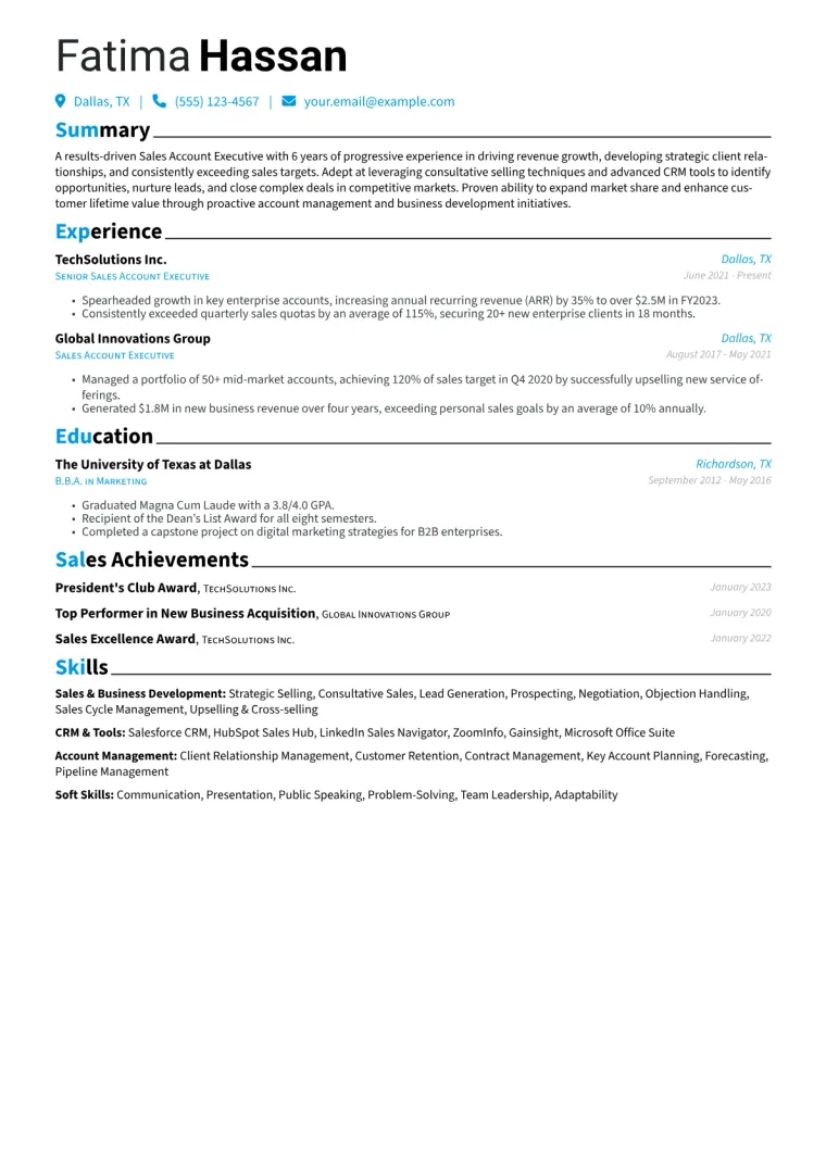 Sales Account Executive Resume Example CV template preview