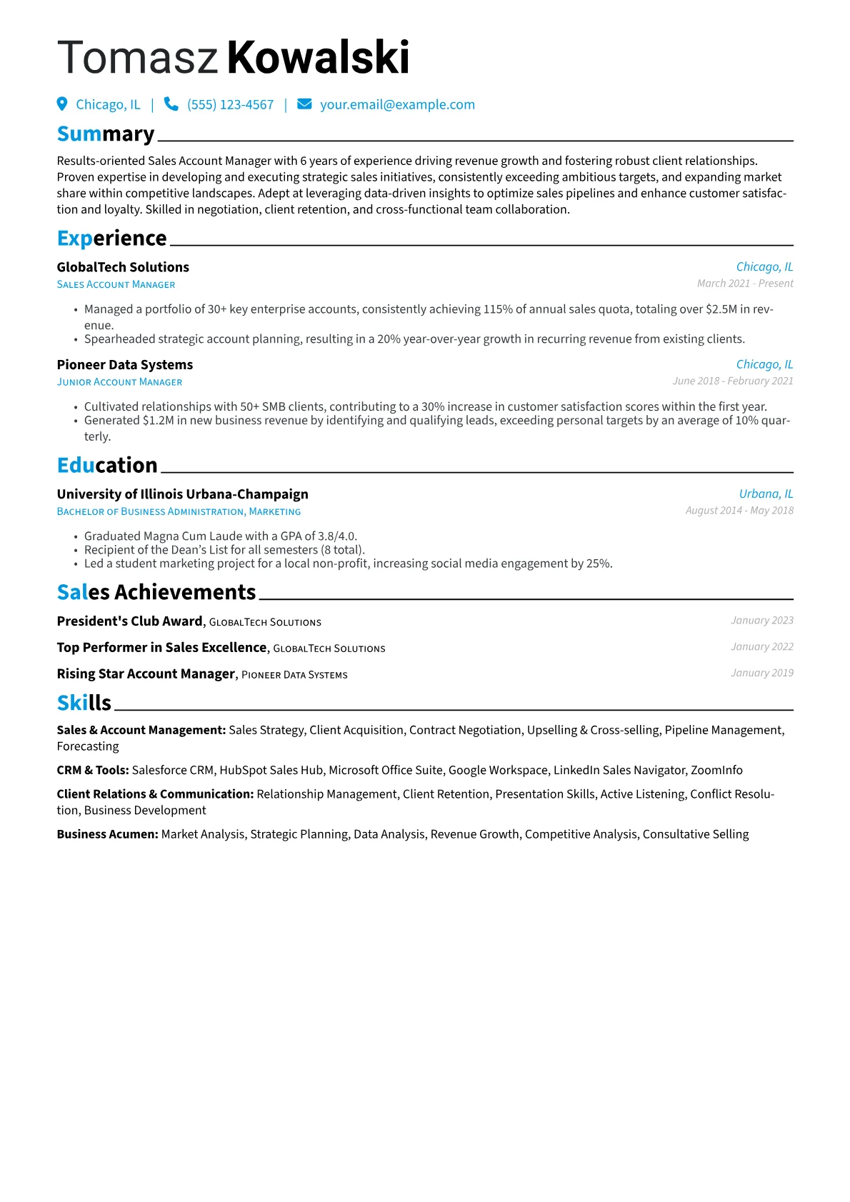 Sales Account Manager Resume Example CV template - Page 1