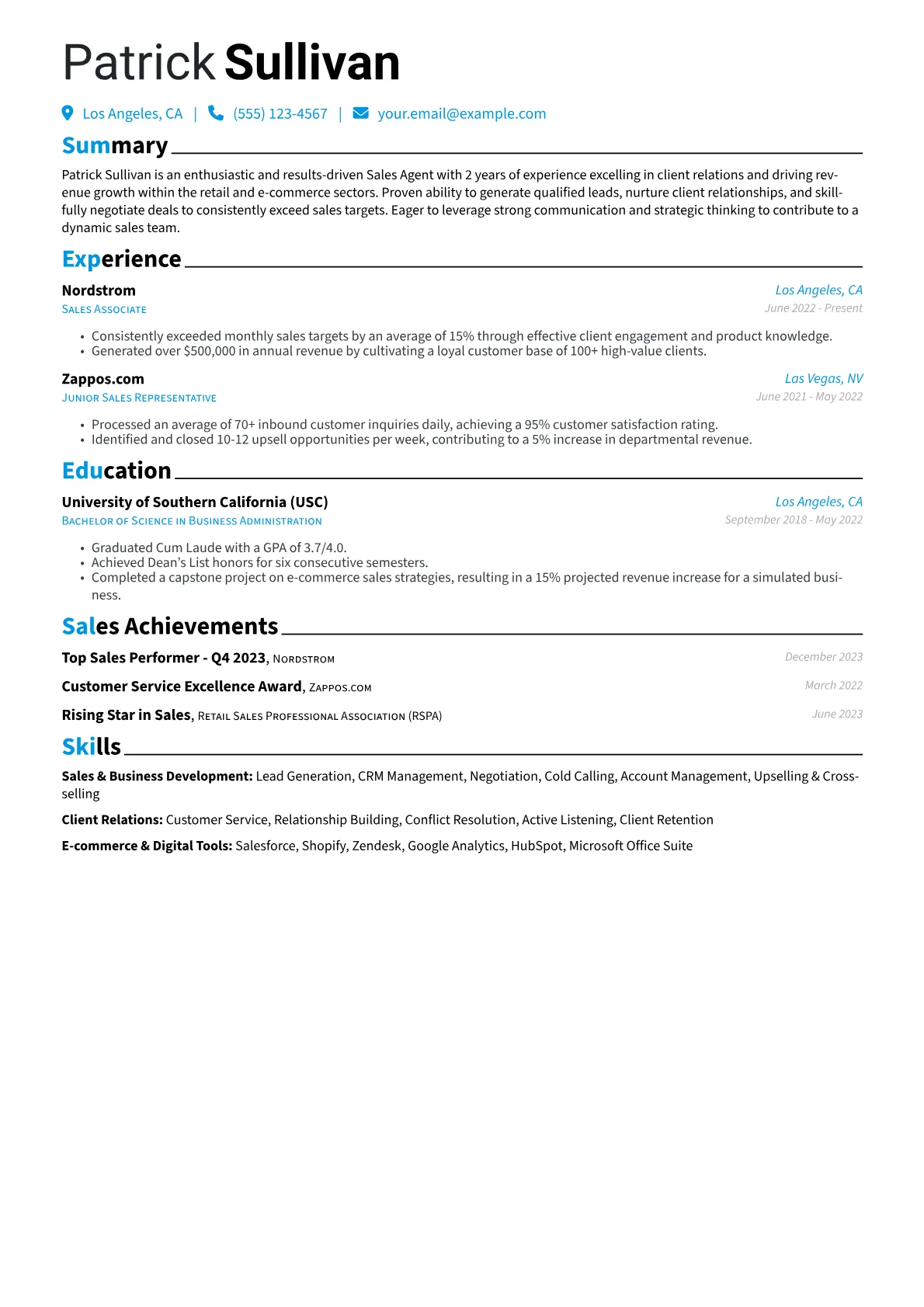 Sales Agent Resume Example CV template - Page 1