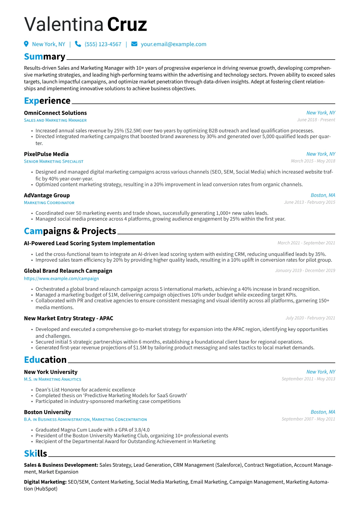 Sales and Marketing Manager Resume Example CV template - Page 1
