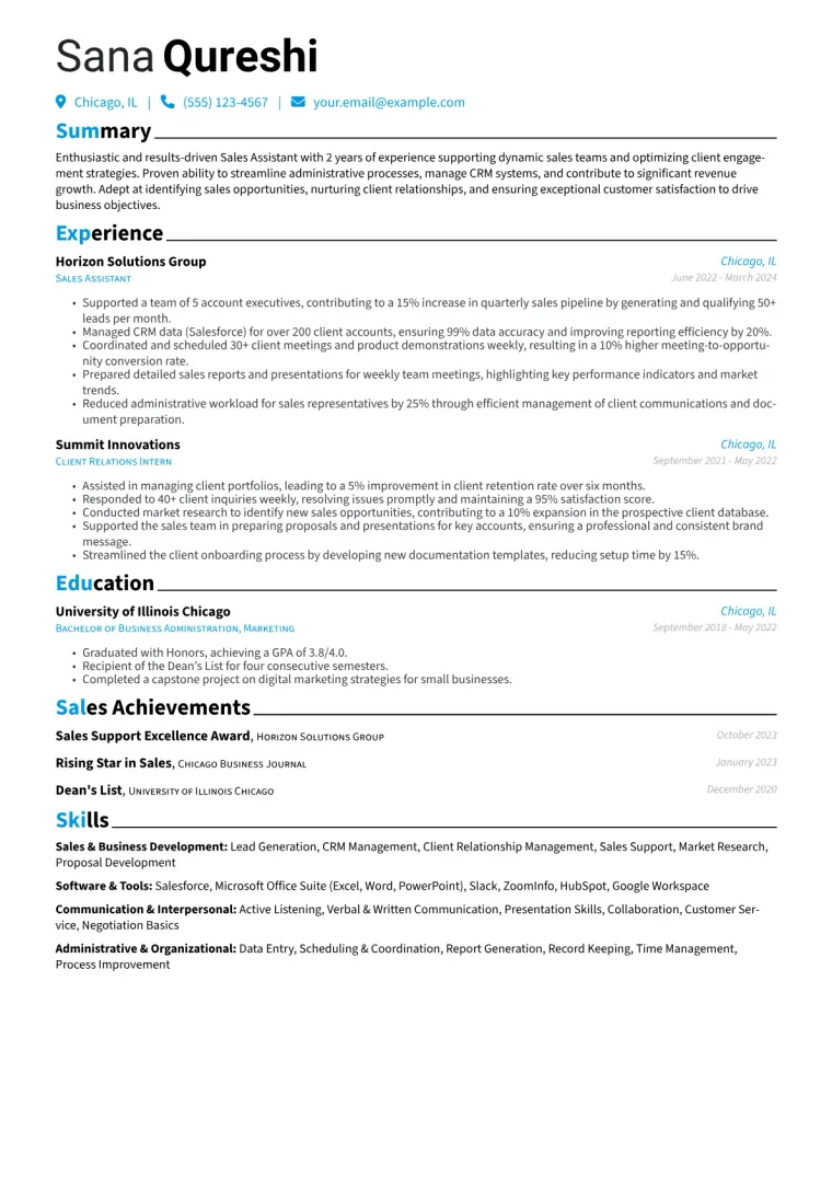 Sales Assistant Resume Example CV template preview
