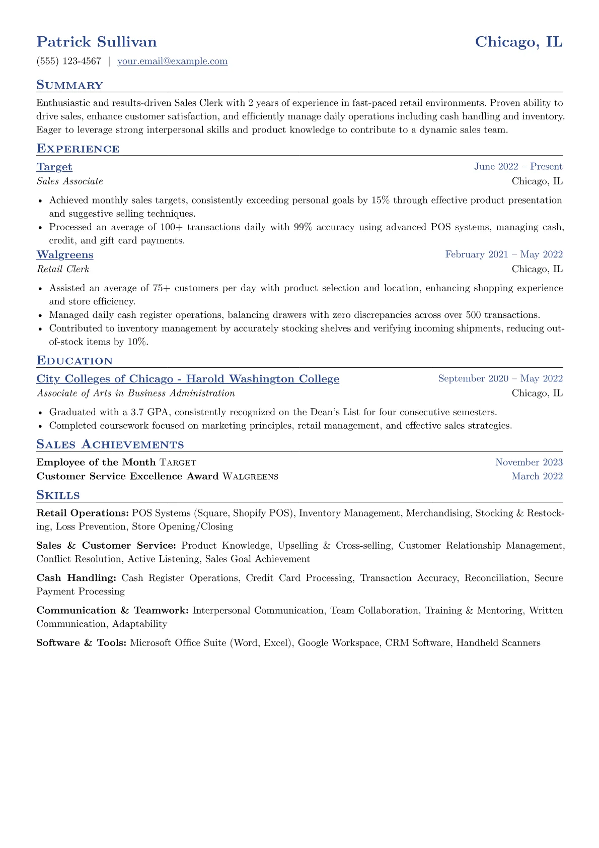 Sales Clerk Resume Example CV template - Page 1