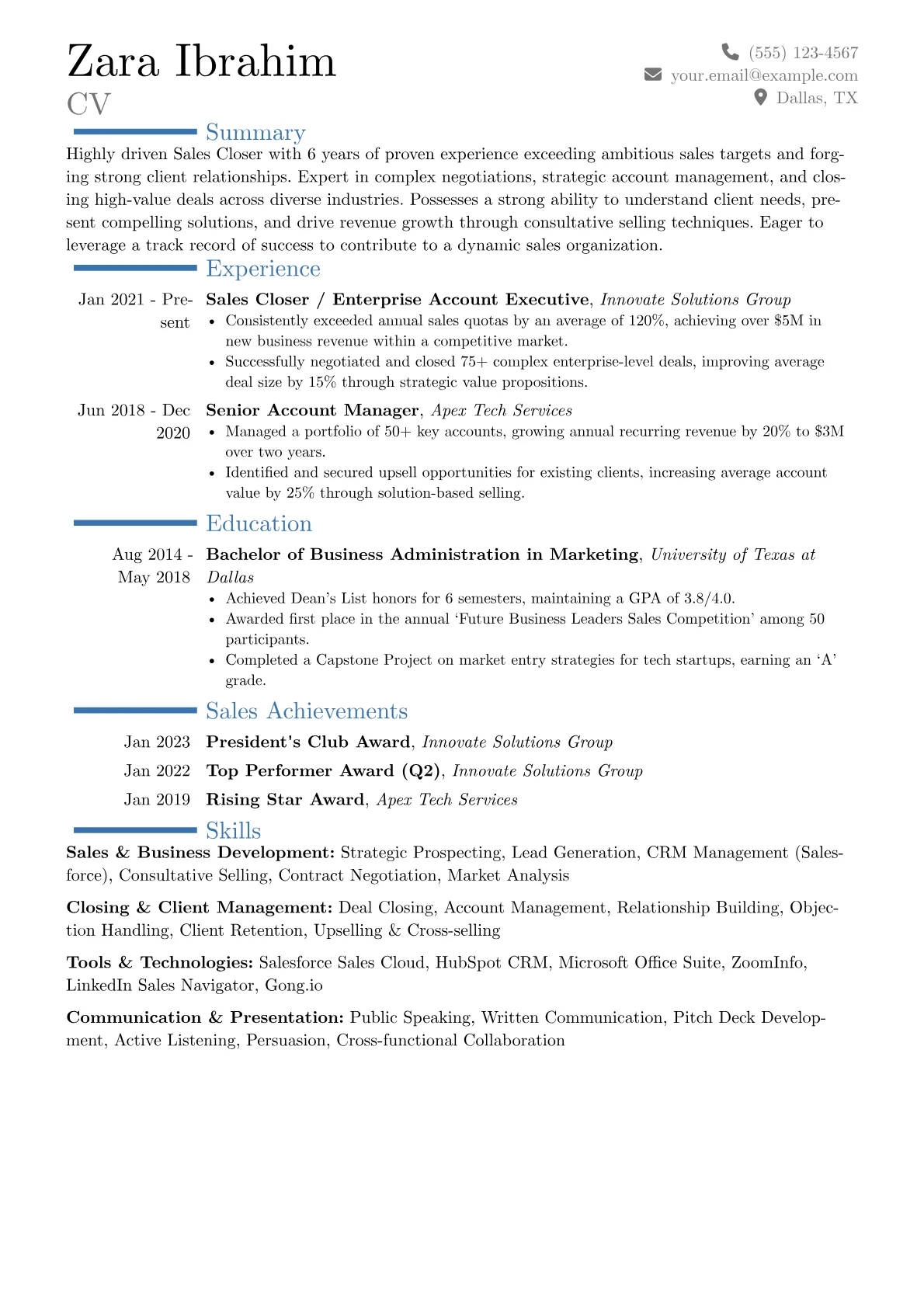 Sales Closer Resume Example CV template - Page 1