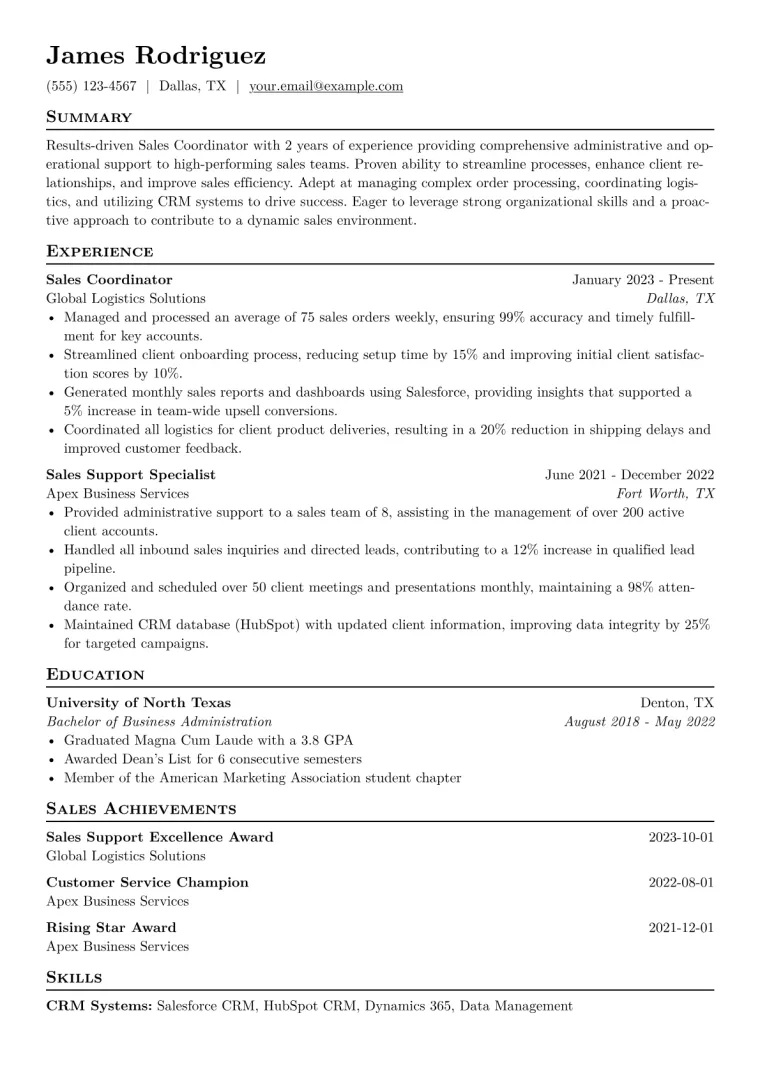 Sales Coordinator Resume Example CV template preview
