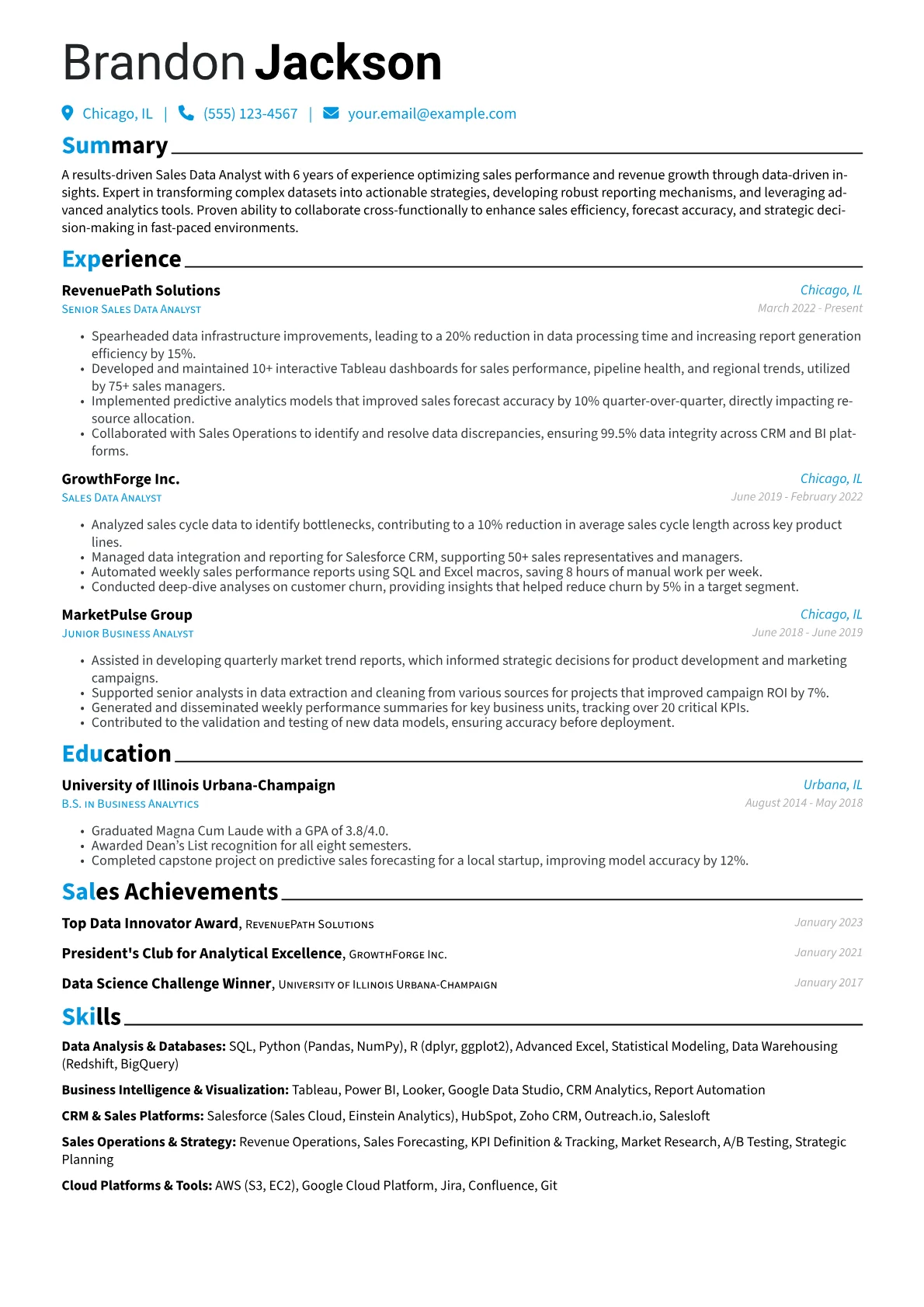 Sales Data Analyst Resume Example CV template - Page 1