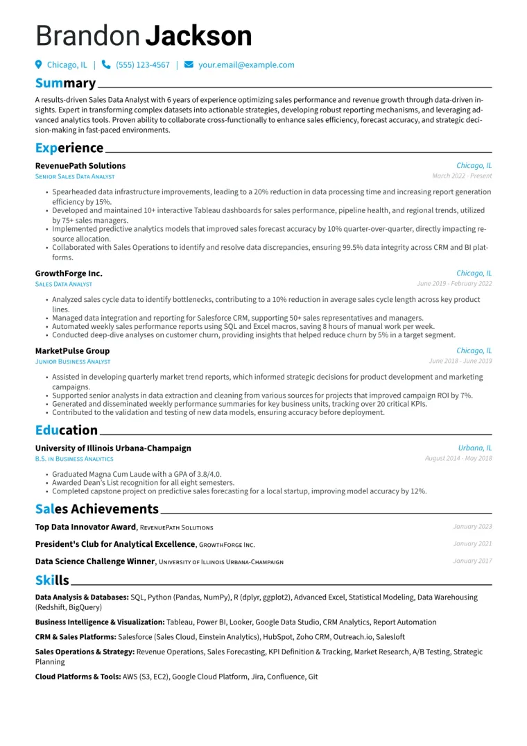 Sales Data Analyst Resume Example CV template preview