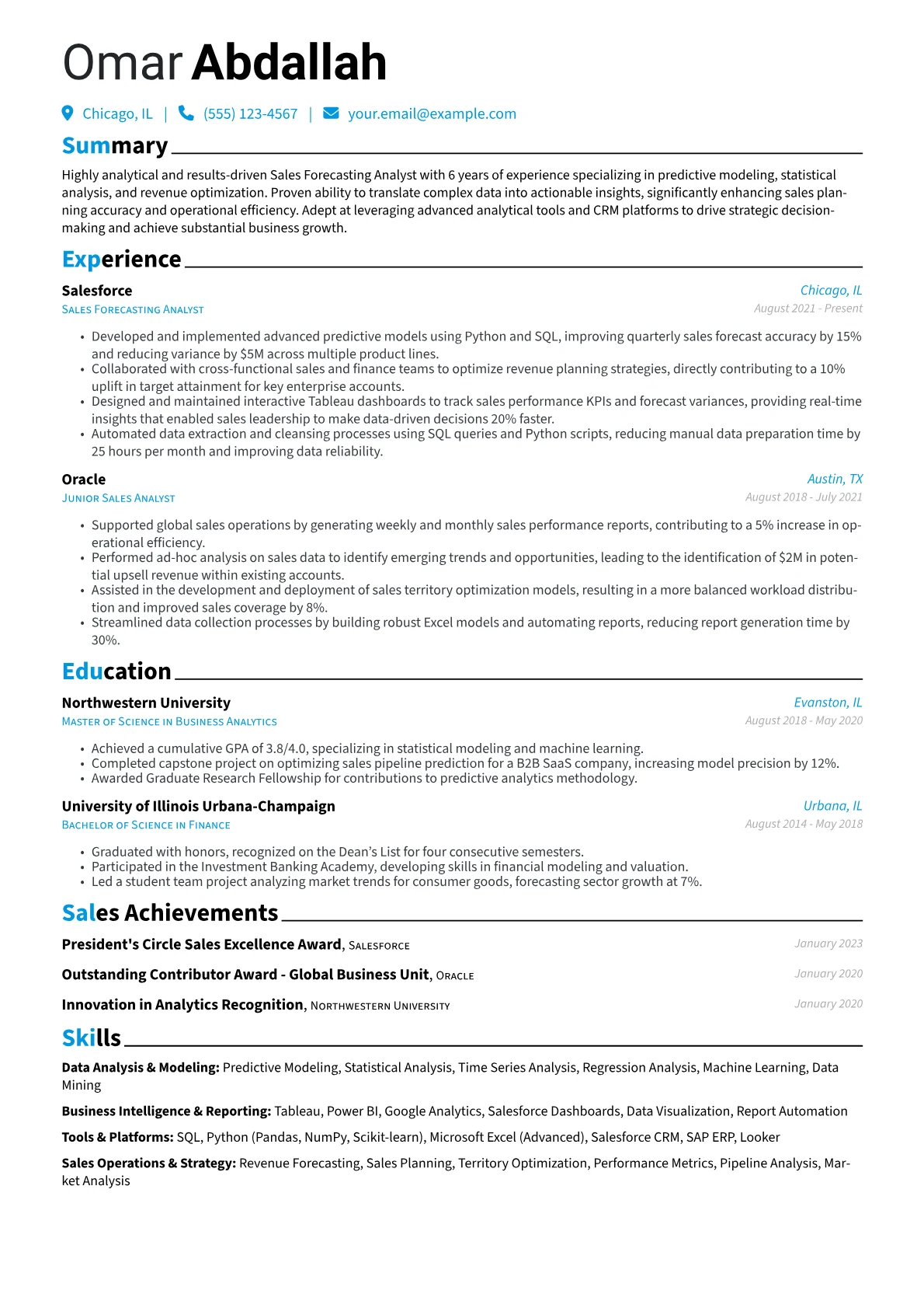 Sales Forecasting Analyst Resume Example CV template - Page 1