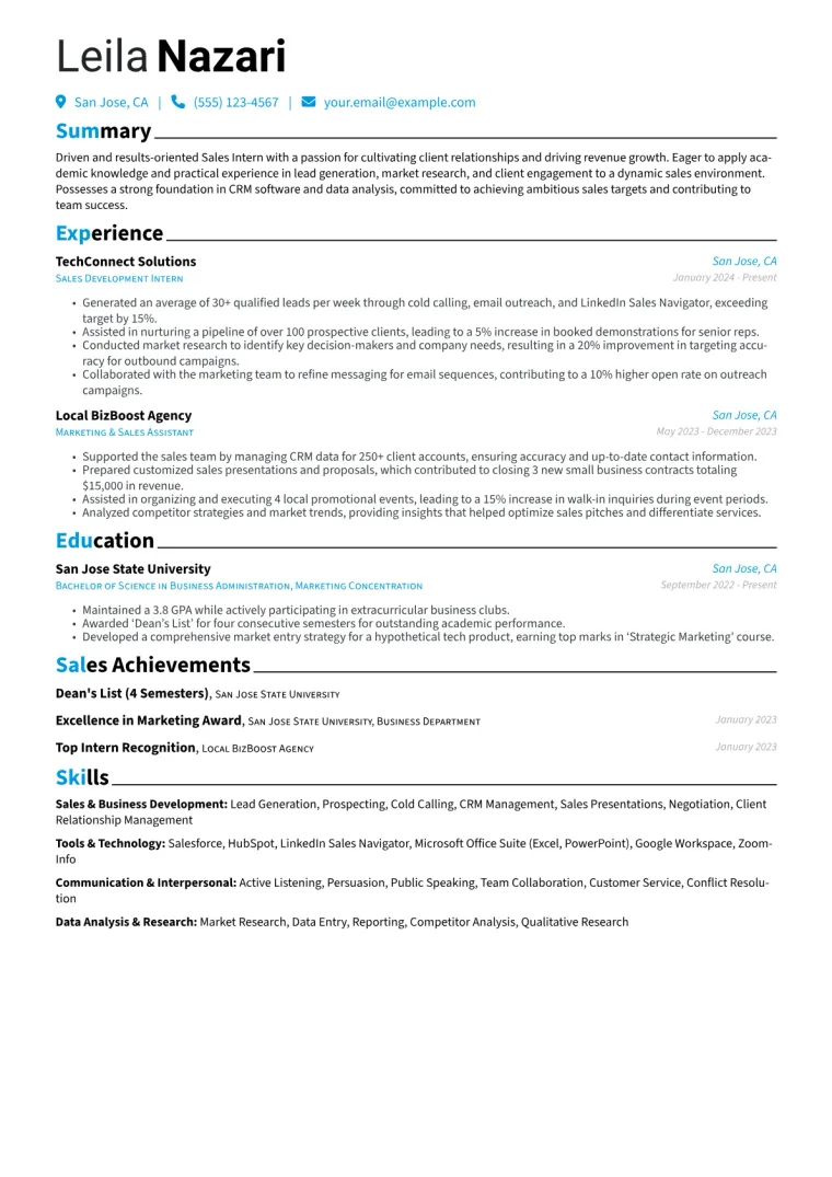 Sales Intern Resume Example CV template preview