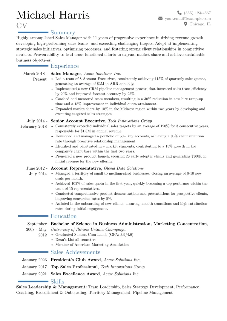 Sales Manager Resume Example