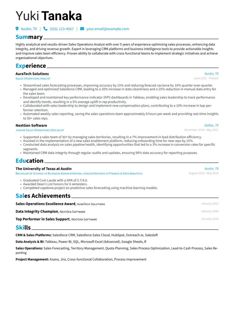 Sales Operations Analyst Resume Example CV template preview