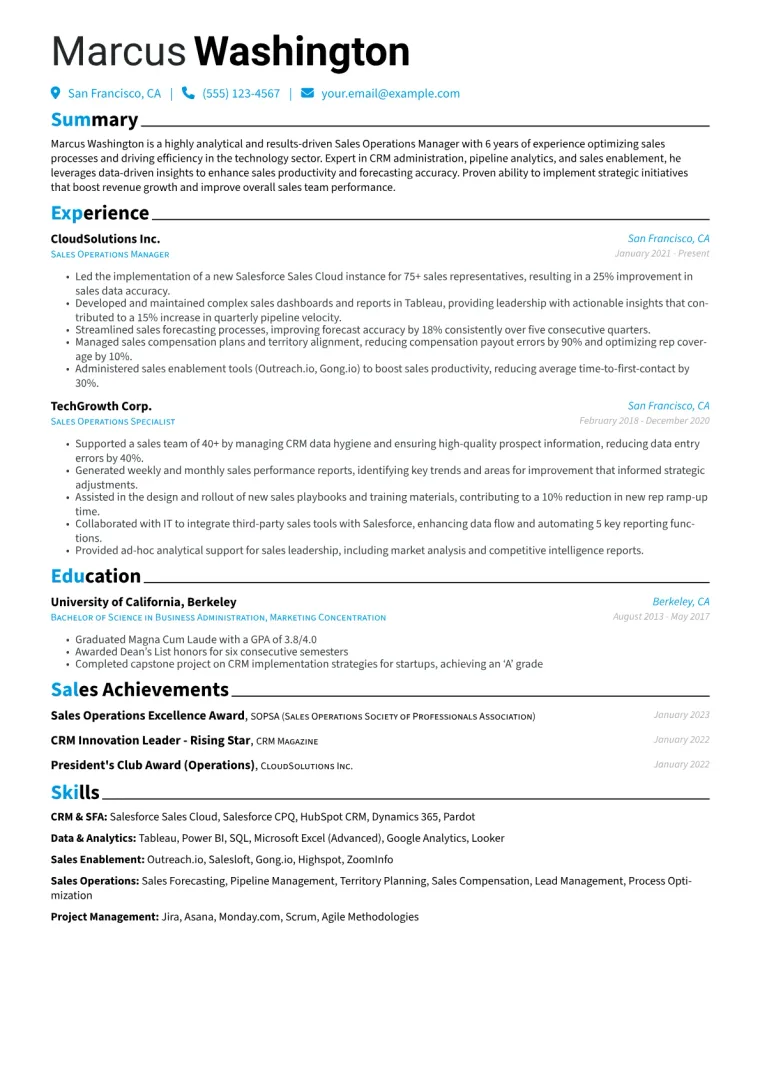 Sales Operations Manager Resume Example CV template preview