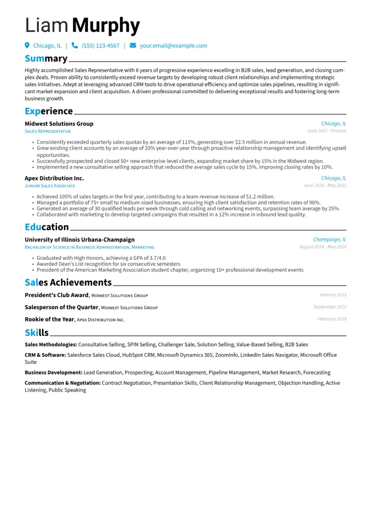 Sales Representative Resume Example CV template preview