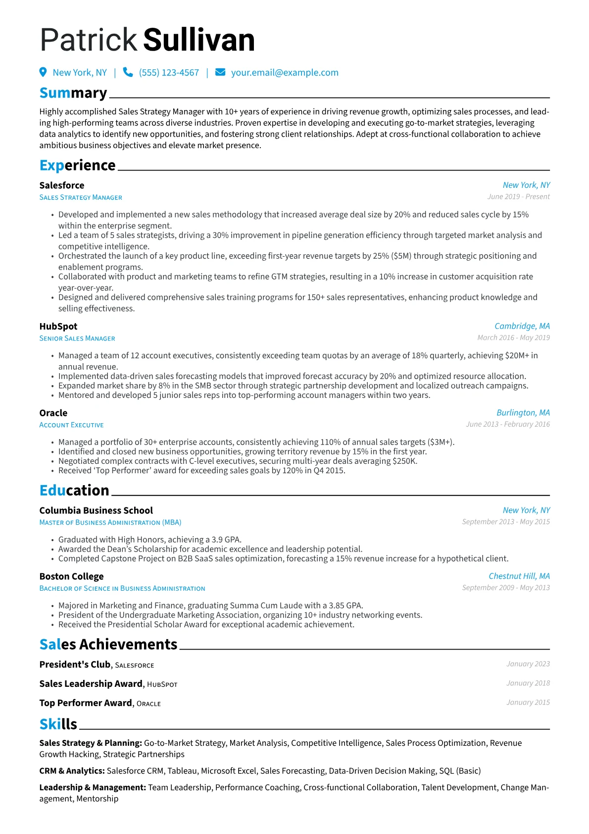 Sales Strategy Manager Resume Example CV template - Page 1