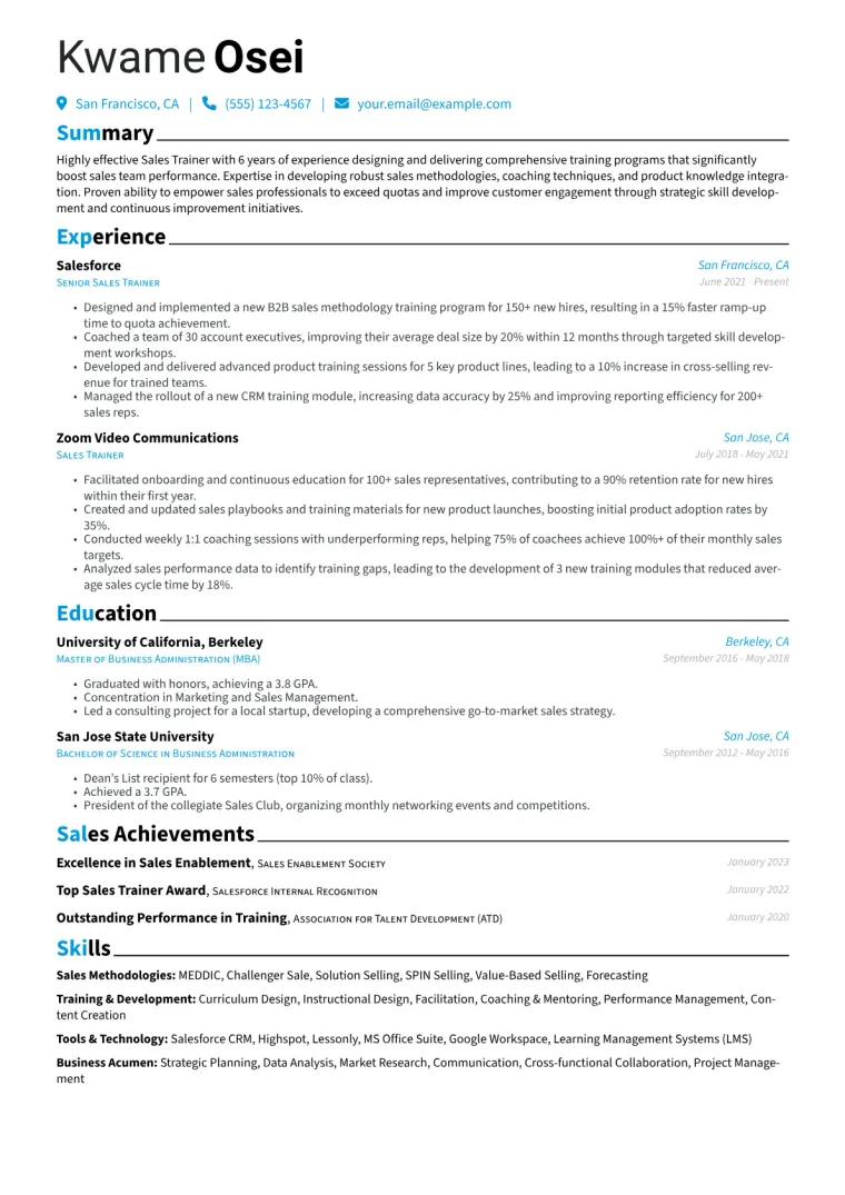Sales Trainer Resume Example CV template preview