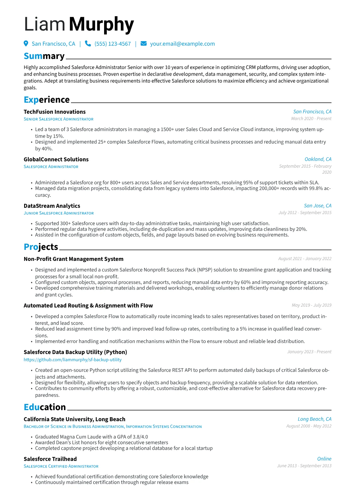 Salesforce Administrator Senior Resume Example CV template - Page 1