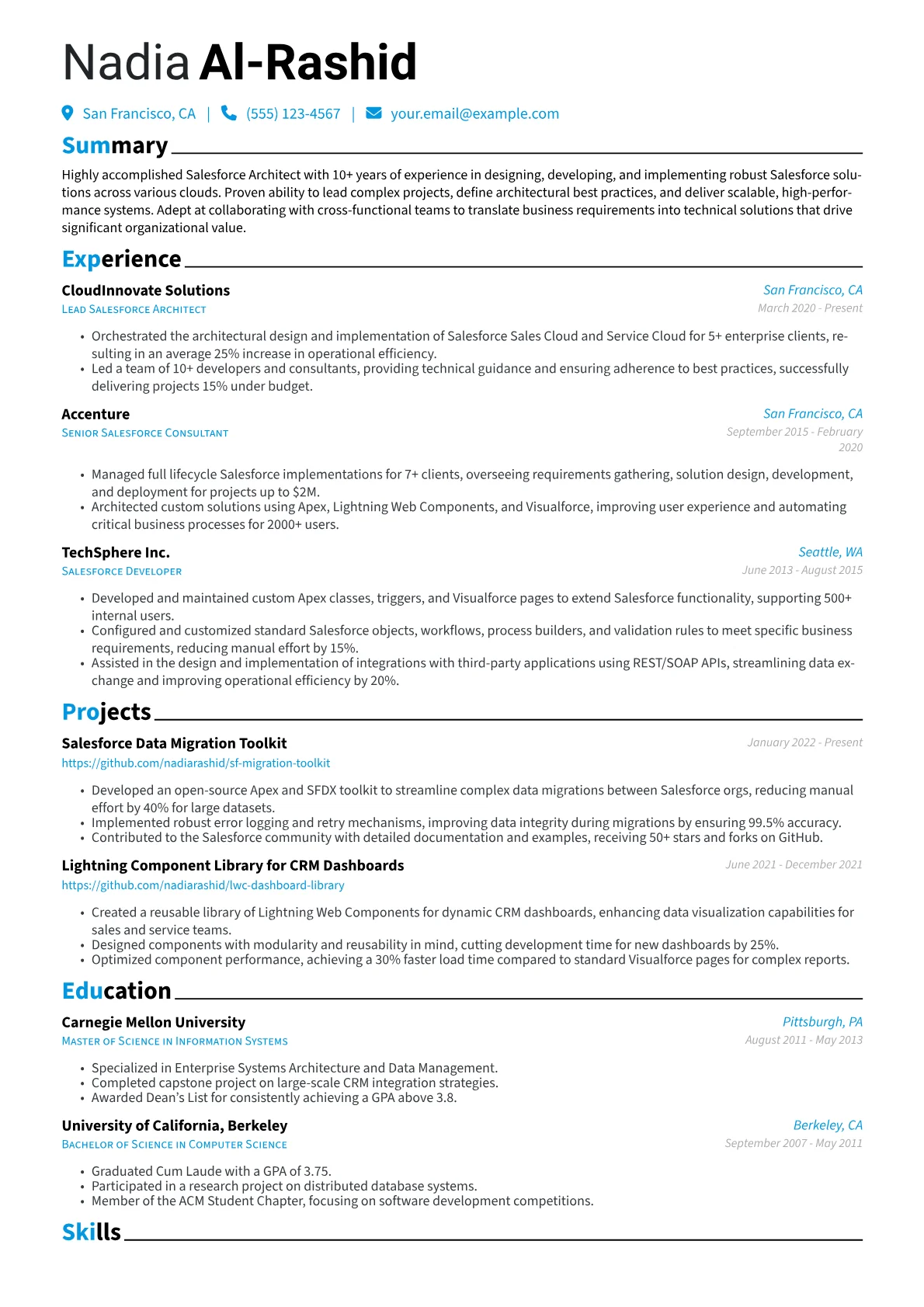 Salesforce Architect Resume Example CV template - Page 1
